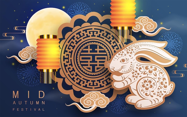 Festival del medio otoño con linternas chinas de flores de pastel de luna y conejo