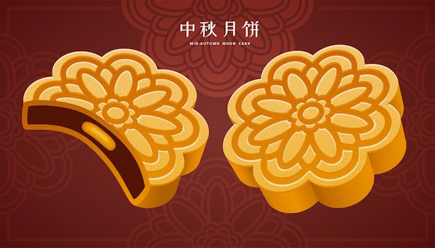 Festival Mooncake con pasteles tradicionales Mooncake, vacaciones de mediados de otoño escrito en palabras chinas