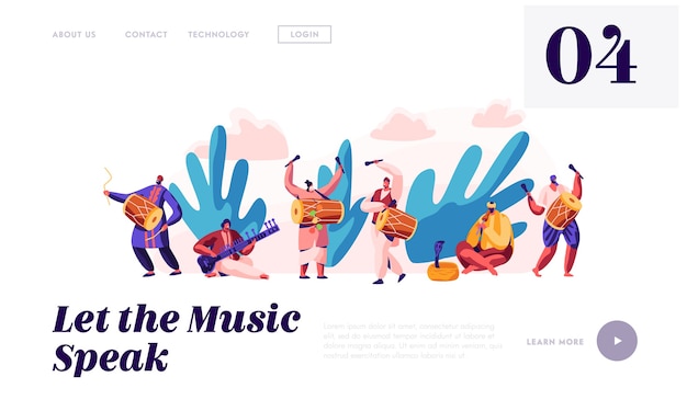 Vector festival de música en india landing page. músico tocando instrumento musical dhol, tambor, flauta y sitar en el sitio web o página web de la ceremonia nacional instrumental en asia. ilustración de vector de dibujos animados plana