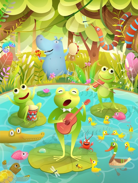 Festival de música para niños o fiesta en un lago o estanque con ranas tocando instrumentos musicales y cantando