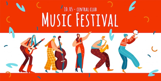 Festival de música, personaje de personas hippie, ilustración. estilo boho, masculino, femenino con guitarra, viola, trompeta.