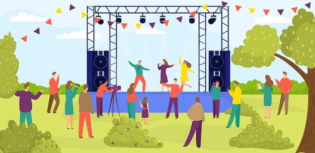 Festival de música rock al aire libre moderno personas carácter juntos ver entretenimiento rendimiento plano ve ...