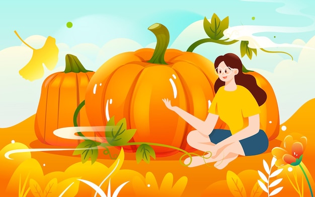 Festival de otoño, temporada de cosecha, calabaza de cosecha de personajes, ilustración vectorial