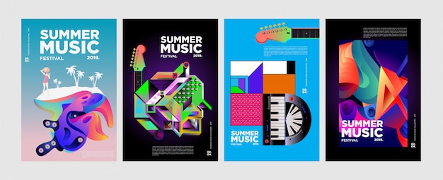 Vector festival y portada del festival de música y arte colorido del verano