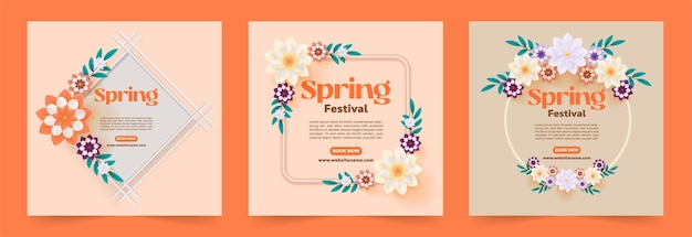Festival de la primavera marco floral 3d plantilla de bandera de redes sociales con hermoso cartel de bandera cuadrada S