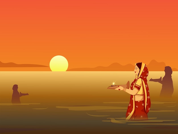 Festival religioso indio del estado de Bihar Chhat mujer religiosa hindú adorando el sol poniente en la orilla del río