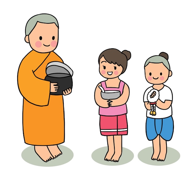 Festival de Songkran de corte de dibujos animados en Tailandia, Monk y los niños hacen mérito.