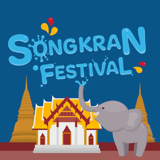 Festival de songkran con elefante y fondo de paisaje tailandés. ilustración.