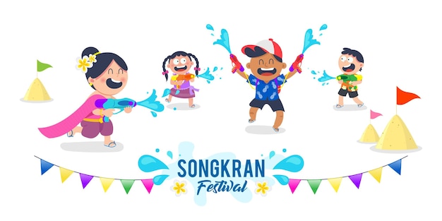 Festival Songkran Los niños disfrutan jugando pistola de agua aislado sobre fondo blanco.