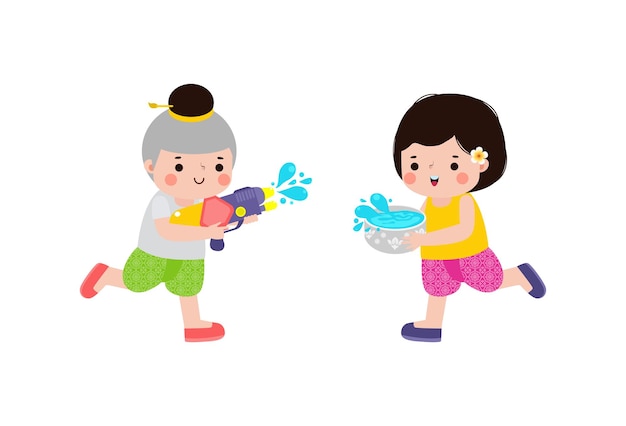 Vector festival de songkran niños tailandeses tradicional disfrutar de salpicaduras de agua tailandia día de año nuevo vector