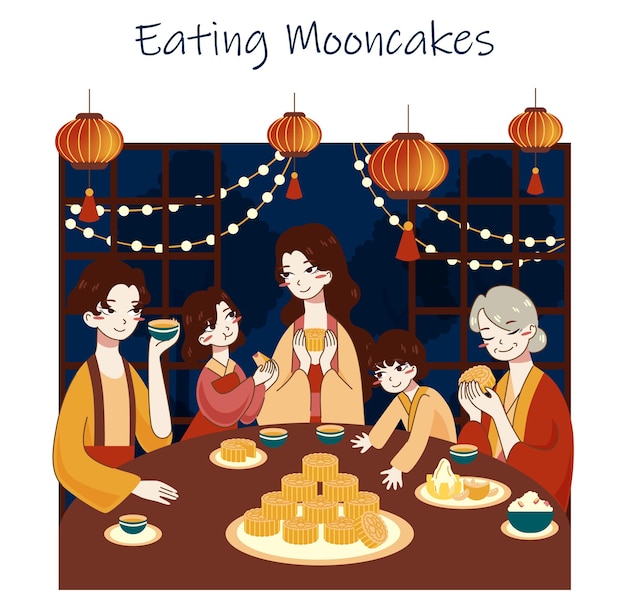Festival tradicional chino festival de mediados de otoño festival de la luna o festival del pastel de luna feliz familia asiática celebra la fiesta nacional de otoño ilustración vectorial plana