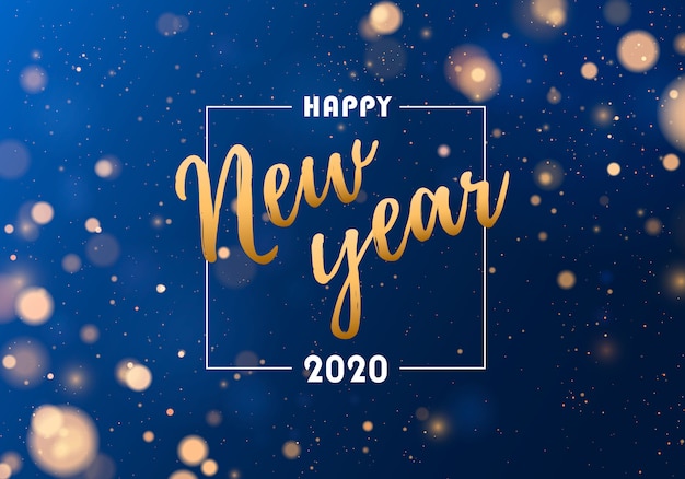 Festivas luces azules y doradas. Feliz año nuevo 2020 fondo