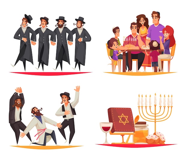Festividad judía composiciones de celebración de hanukkah con gente feliz comida menorah ilustración vectorial de dibujos animados aislados