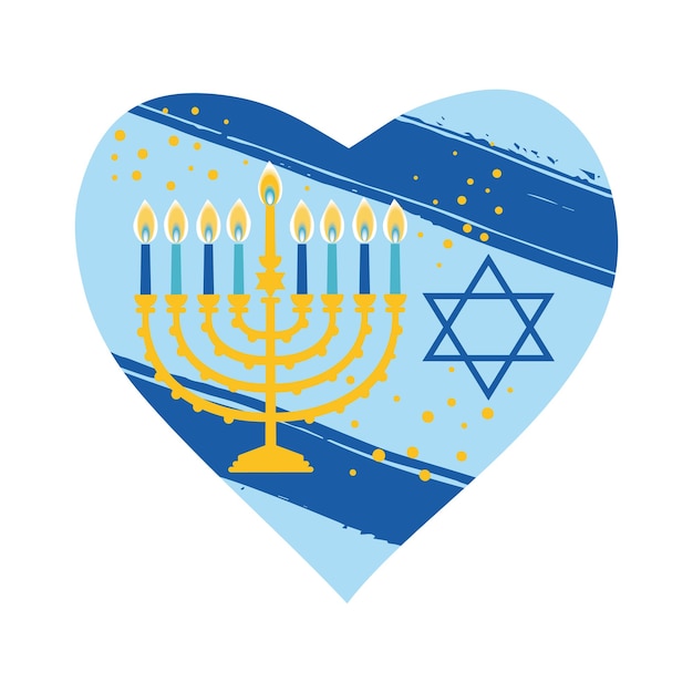 Festividad judía Hanukkah escuchó la tarjeta de felicitación símbolos tradicionales de Janucá velas menorá en la ilustración del corazón sobre fondo azul de la bandera de israel