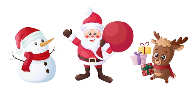 Festivo año nuevo y personajes de Navidad con regalos Santa Claus lindo ciervo hombre de nieve en un conjunto vectorial