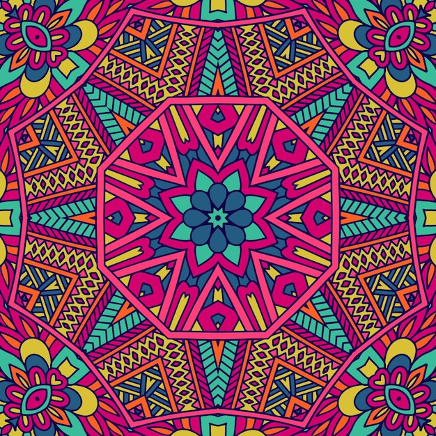Festivo colorido psicodélico mandala estrella flor dibujo de arte patrón
