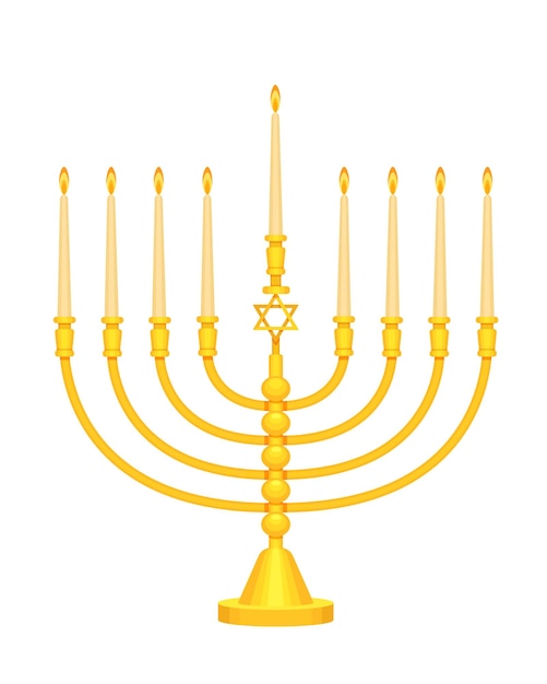 Festivo de la festividad judía de Hanukkah de luces con menorah Candelabro decorativo tradicional con llama ardiente en velas Fiesta religiosa Festival de velas judías de Hanukkah Ilustración vectorial