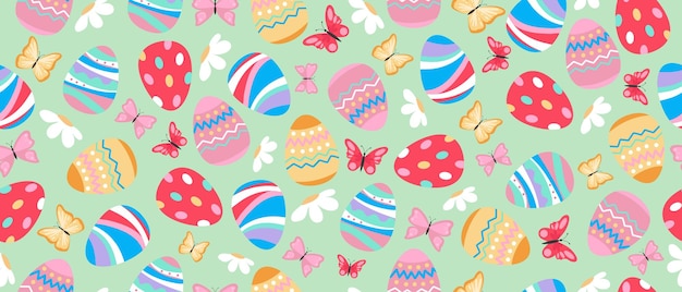 Festivo fondo sin costuras de Pascua con huevos de Pascua mariposas y flores