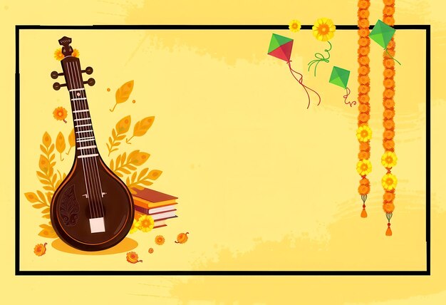 Festivo fondo indio con libros de Veena cometas y guirlandas