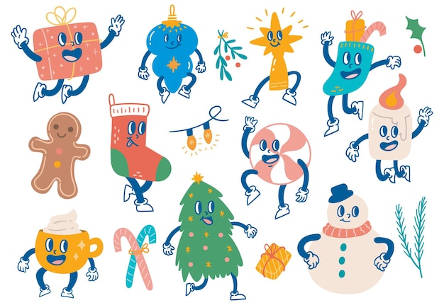 Festivo juego de ilustraciones de dibujos animados de Navidad