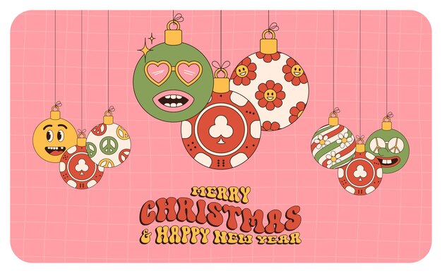 Ficha de casino Feliz Navidad y Feliz Año Nuevo tarjeta de felicitación deportiva colgada como una bola de Navidad en un fondo vibrante Ilustración vectorial