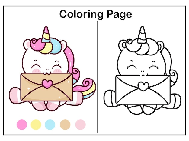 Ficha de colorear unicornio y carta de amor kawaii