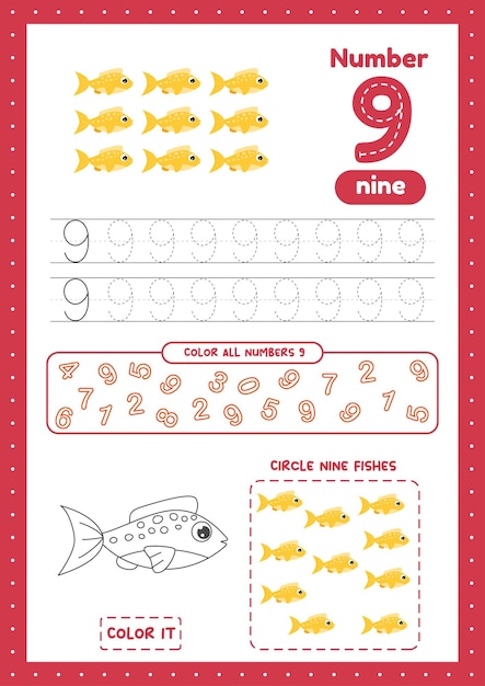 Ficha educativa con muchos ejercicios para niños de preescolar Traza, color, cuenta peces en una página tamaño a4 Aprende el número 9xA