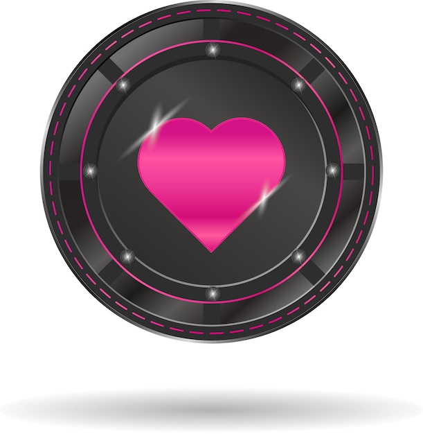 Ficha de póquer brillante de casino negro con corazón rosa blackjack o logotipo o icono de banner web de casino en línea