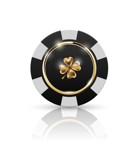 Vector ficha de póquer vip en blanco y negro con anillo dorado y vector de efecto de luz. black jack poker club casino emblema de trébol de cuatro hojas aislado sobre fondo blanco con reflejo.