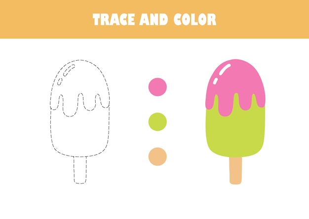 Ficha de trabajo de educación preescolar traza e ilustración vectorial de colores Página para colorear con helado