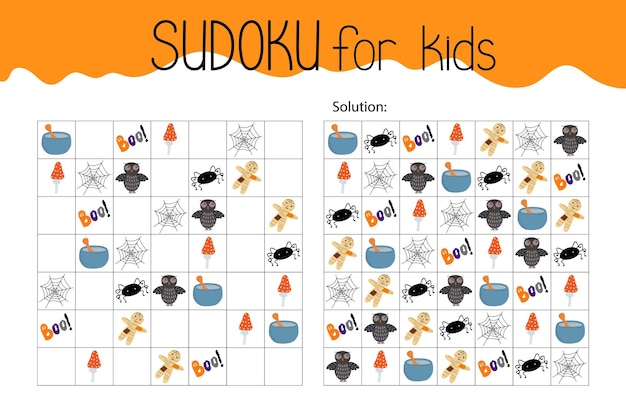 Ficha de trabajo educativa de Sudoku cuadrícula imprimible rompecabezas de vocabulario temático de Halloween con su solución