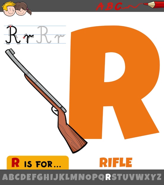 Ficha de trabajo de la letra R con el objeto del rifle de dibujos animados