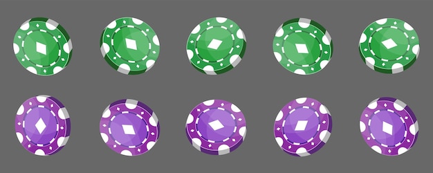 Fichas de casino para póquer o ruleta. Elementos de color verde y morado para el diseño de logotipo, sitio web o fondo. Ilustración vectorial.