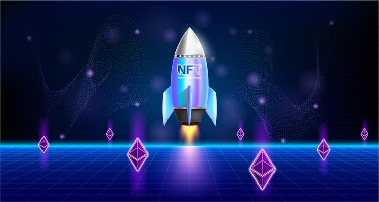 Vector fichas no fungibles nft en obras de arte y naves espaciales tecnología blockchain en cripto arte digital