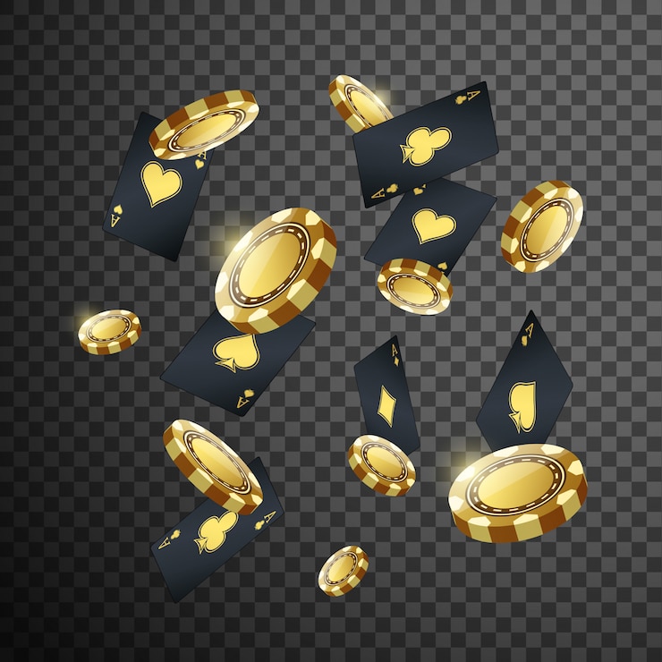 Vector fichas de póquer de casino oro y naipes volando en negro transparente aislado.
