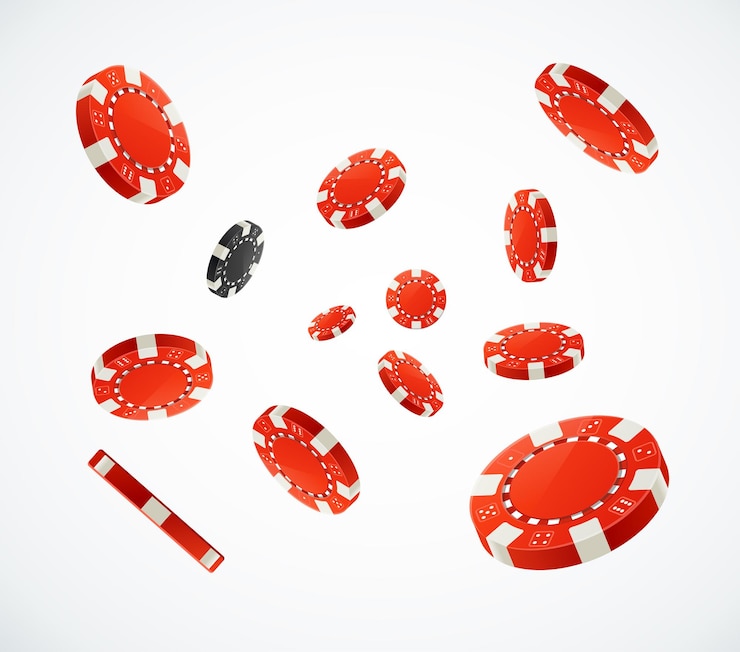 Vector fichas de póquer rojas detalladas en 3d realistas volando sobre un símbolo blanco de juego de casino ilustración vectorial