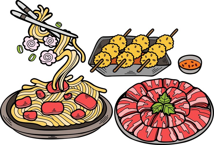 Vector fideos y albóndigas dibujados a mano ilustración de comida china y japonesa