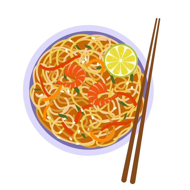 Vector fideos asiáticos con gambas y limón