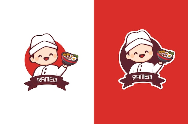 Fideos calientes de ramen con el logotipo de la ilustración del chef Asian Cute boy