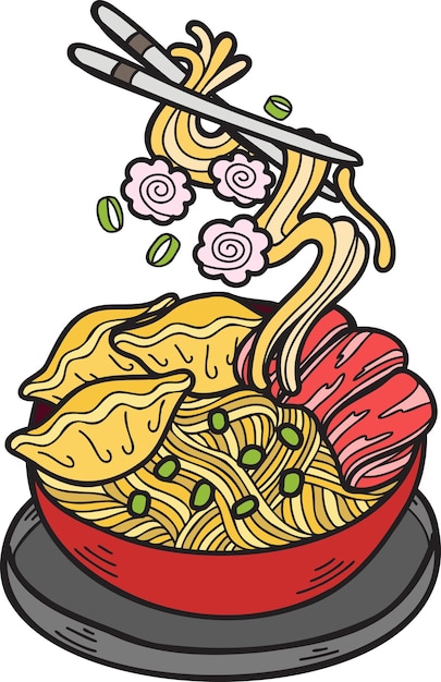 Fideos dibujados a mano o ramen Ilustración de comida china y japonesa