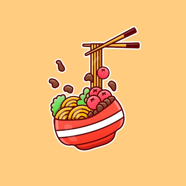 Fideos de dibujos animados con verduras y carne en vector. Vector de alimentos aislado. estilo de dibujos animados plana