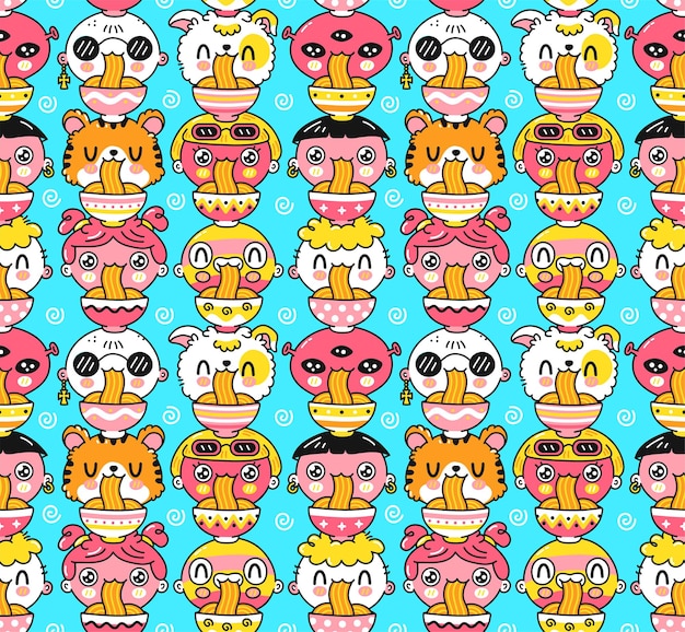 Fideos divertidos lindos comen patrones sin fisuras. Vector icono de ilustración de personaje de kawaii de dibujos animados dibujados a mano. Diferentes personas, tigre, perro, alienígena comen comida asiática de fideos de patrones sin fisuras, concepto de fondo de pantalla