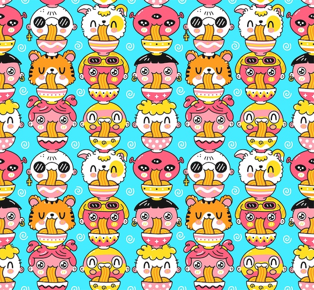 Fideos divertidos lindos comen patrones sin fisuras. vector icono de ilustración de personaje de kawaii de dibujos animados dibujados a mano. diferentes personas, tigre, perro, alienígena comen comida asiática de fideos de patrones sin fisuras, concepto de fondo de pantalla