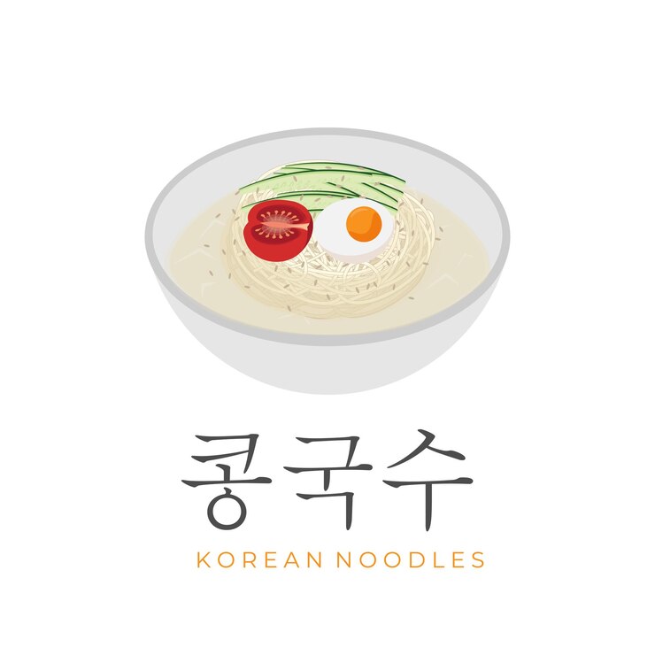 Fideos fríos coreanos frescos kongguksu logotipo de ilustración vectorial