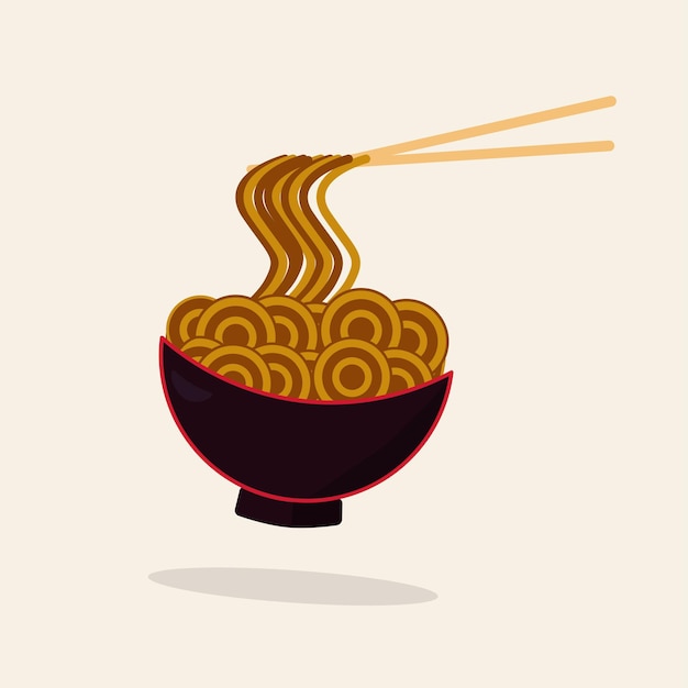 Fideos fritos en un tazón de diseño plano