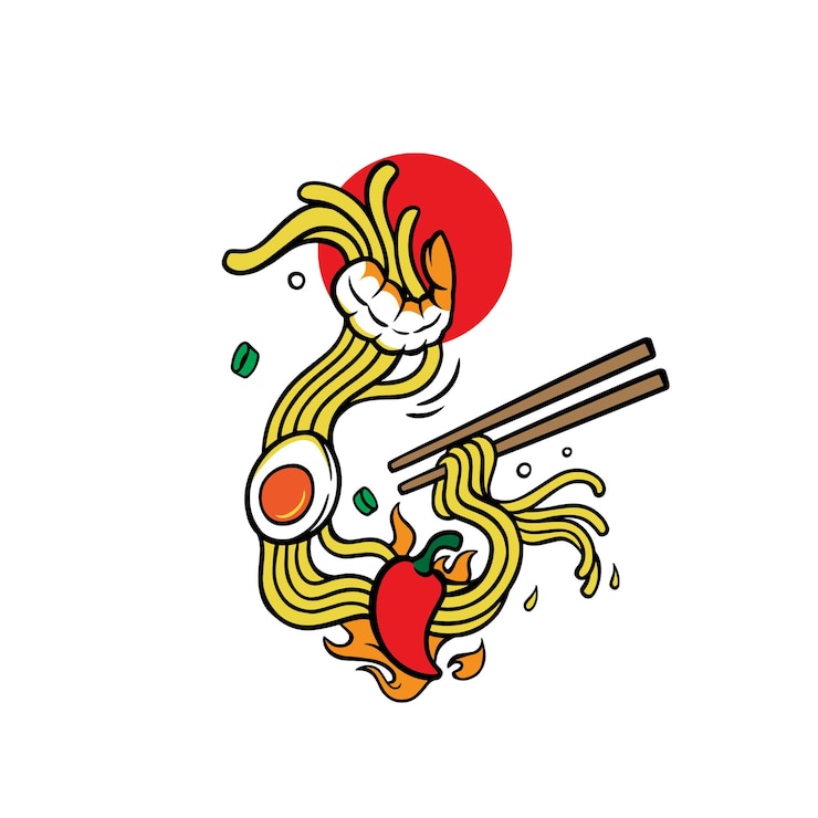 Vector fideos de gambas asiáticas dibujadas a mano pasta de gambas