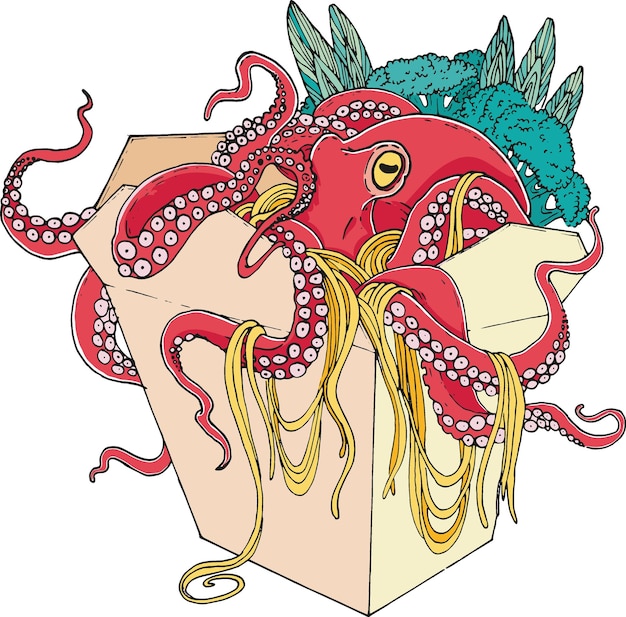 Vector fideos con pulpo en una caja sobre un fondo blanco