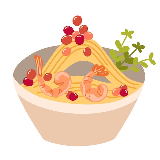 Fideos ramen con huevo, carne, pescado, camarones y algas comida asiática perfecta para restaurante café y menús impresos vector ilustración de dibujos animados de dibujo a mano