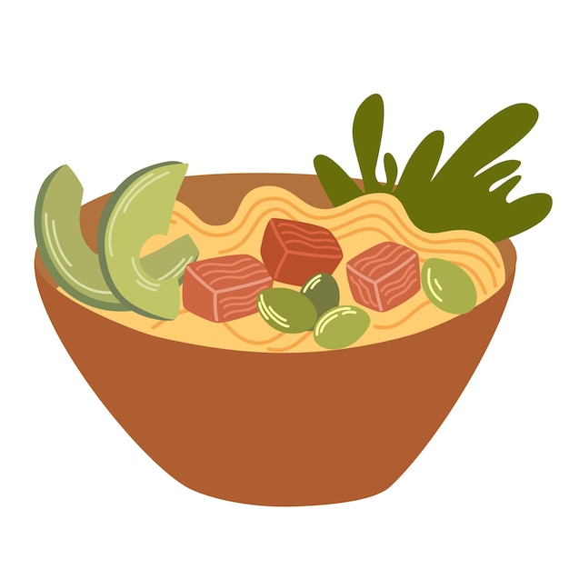 Fideos ramen con huevo, carne, pescado, camarones y algas comida asiática perfecta para restaurante café y menús impresos vector ilustración de dibujos animados de dibujo a mano