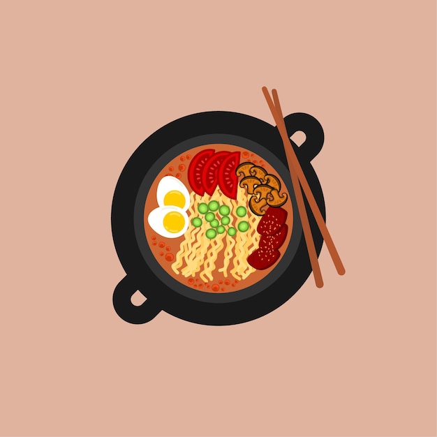 Vector fideos ramen planos en tazón negro